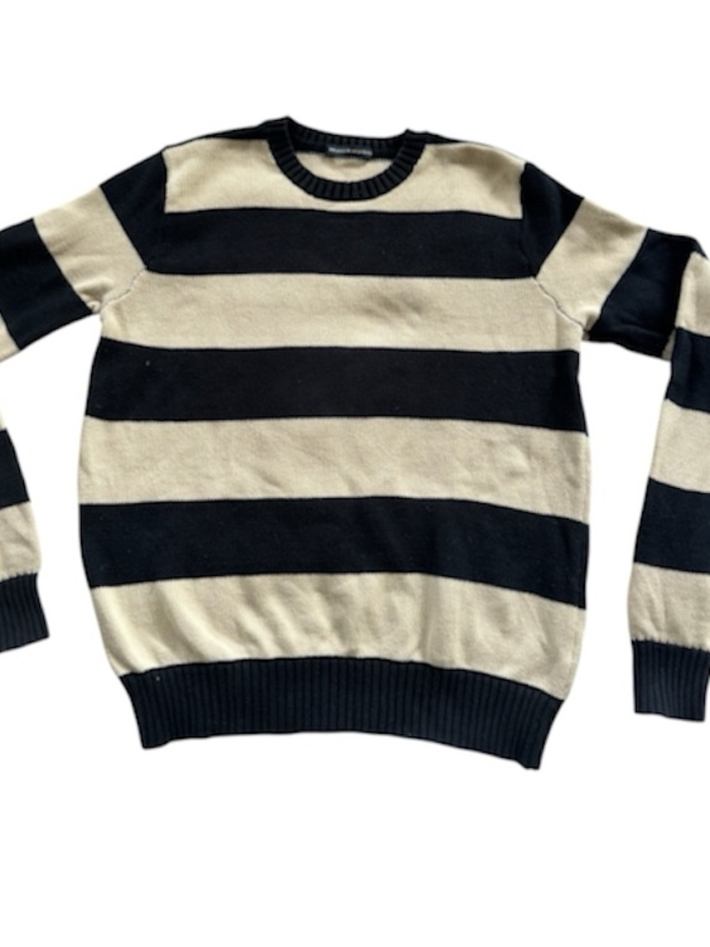 Brandy Melville Black and Cream Striped Crewneck Sweater